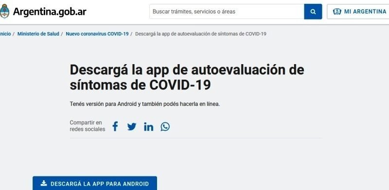 EL Ministerio de Salud  de Argentina lanzo  la app de autoevaluación de síntomas de COVID-19