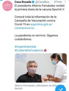 Covid-19 – el presidente alberto fernández recibió la primera dosis de la vacuna sputnik v.