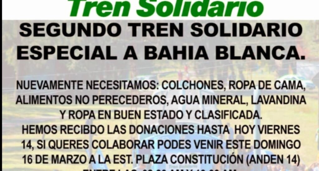 Tren Solidario a Bahía Blanca este Domingo 16/03/11:00 hs. Cañuelas 12:30 hs.